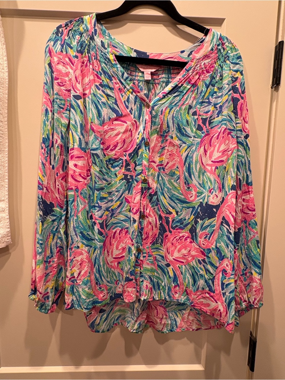 Lilly Pulitzer Pink Flamingo Print Tunic with Blue & Green Leaf Motif